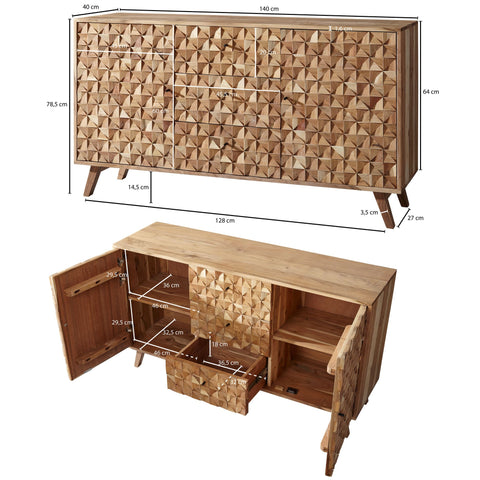 Rootz Sideboard – Akazienholz – Landhausstil mit 3 Schubladen und 2 Türen – 140 x 78,5 x 40 cm
