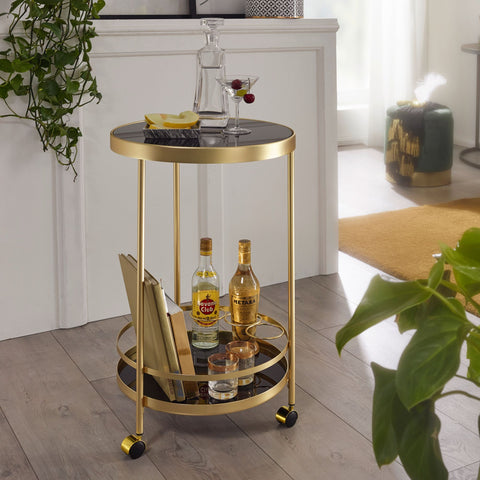 Rootz Trolley - 2 Levels - Side Table on Castors with Glass Top - Black Dining Car - Kitchen and Tea Trolley - Gold - Round - 45cm