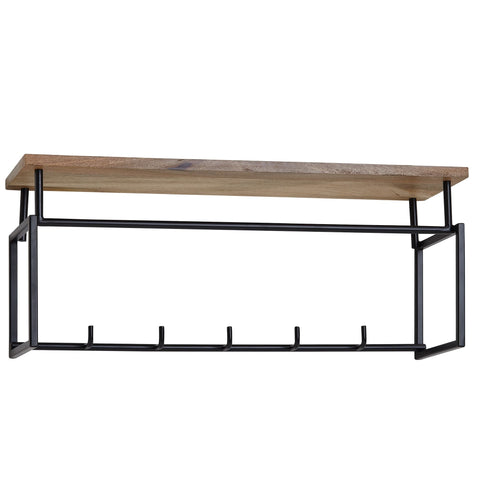 Rootz Wall Wardrobe - Mango Wood Metal - Design Hook Rail with Shelf and Clothes Rail - Wooden Hallway Wardrobe -  71x29x20 cm
