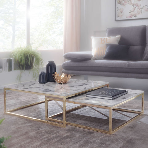 Rootz Couchtisch – 2er-Set, weißes Marmor-Optik-Design – goldenes Metallgestell – moderne Satztische für elegantes Wohnzimmer