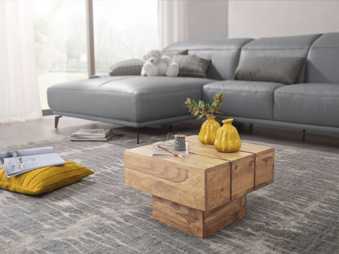 Rootz Coffee Table - Acacia Wood - Solid Wide Cube Square Coffee Table - 44x44x30 cm