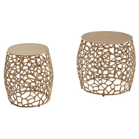 Rootz Nesting Tables - Round Metal Design - Set of 2 Gold Aluminum - Modern Living Room Coffee Table with Branch Structure