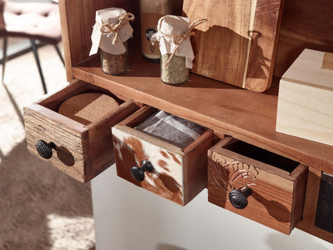 Rootz Floating Spice Rack - Small Design with Drawers - Wall Hanging Shelf - Solid Acacia Wood - 60x36x18 cm