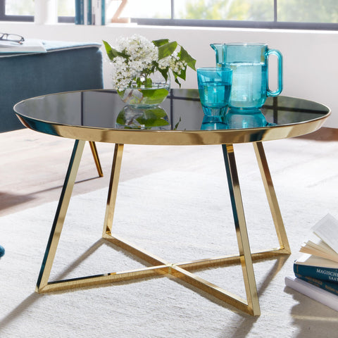 Rootz Mirrored Glass Coffee Table - Round with Metal Frame - Modern Living Room Table - Large Side Table - 76x76x41 cm