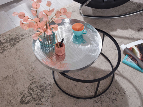 Rootz Coffee Table - Silver & Black Aluminum - Removable Round Tray - Modern Design - Hammered Metal - 62x62x36 cm