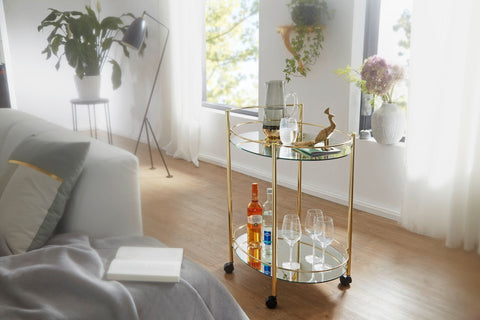 Rootz Serving Trolley - Mobile Mini Bar - Side Table on Wheels - Dining Car with White Glass Top - Kitchen and Tea Trolley - Gold - 67x79cm