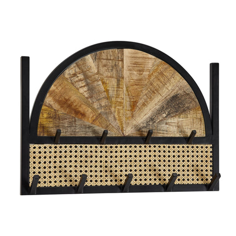 Rootz Rattan Wardrobe - Design Hall Wardrobe with Metal Hook Rail - Wall-Mounted Wardrobe - Hallway Coat Rack -  Mango Solid Wood - 53x40x7.5 cm