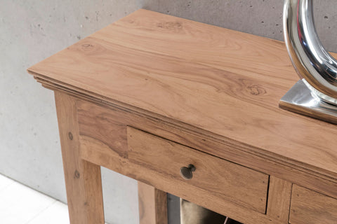 Rootz Konsolentisch – Massivholz Akazie – Schreibtisch mit 2 Schubladen – Sideboard im Landhausstil – 110 x 40 cm