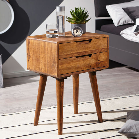 Rootz Bedside Table - Sheesham Wood - 2 Drawers - Country Style - Modern Nightstand for Boxspring Beds - 47x66x36cm
