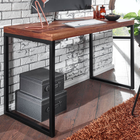 Rootz Sheesham massief houten bureau - Computertafel met metalen frame - Klein donker design bureau - 117x59x76,5 cm 