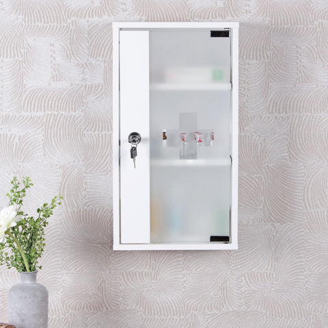 Rootz Medicine Cabinet -  White Wood - Lockable with 3 Compartments - Glass Door First Aid Cabinet with Cross - Wall-Mounted Medicine Chest -  26 x 48 x 12 cm