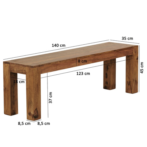 Rootz Dining Room Bench - Solid Wood Sheesham - Natural Country House Style - Kitchen Bench - 140x45x35cm