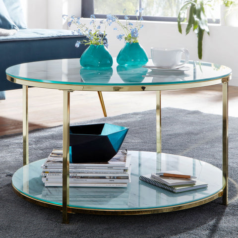 Rootz Round Glass Coffee Table - Marble Look White/Gold - Modern Living Room Table with Storage - Metal Coffee Table - Small Side Table - 80x80x45 cm