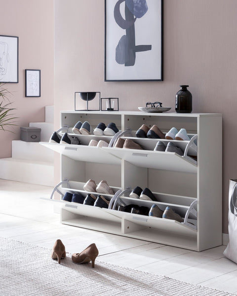 Rootz Modern Shoe Cabinet - White Shoe Rack with 4 Compartments - Design Shoe Storage - Shoe Cupboard with Shelf - High Corridor Chest - 120x81x24cm