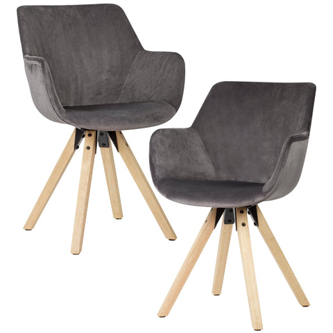 Rootz Cozy Dining Chair - Dark Gray Armchair with Wooden Legs - Set of 2 - Modern Velvet Upholstered Kitchen Chairs
