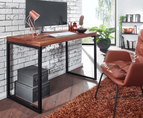 Rootz Sheesham massief houten bureau - Computertafel met metalen frame - Klein donker design bureau - 117x59x76,5 cm 