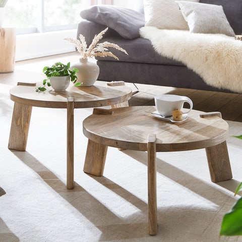 Rootz Wohnzimmertische – Runder Beistelltisch – 2-teiliges Tischset-Couchtisch-Set – Helles Mango-Massivholz 