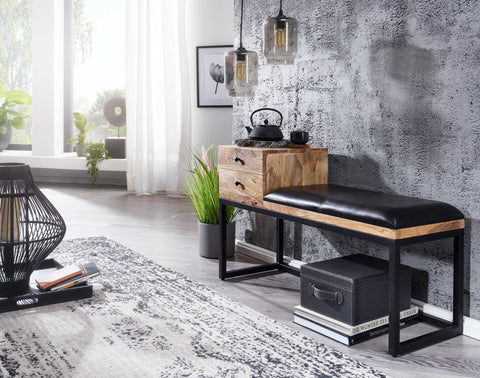 Rootz Goatskin Bench - Retro Style Solid Wood Bench - Metal Hallway Upholstered Bench with Storage - Black Padded Leather Storage Bench - Small Hallway Bench - 100x60x35 cm