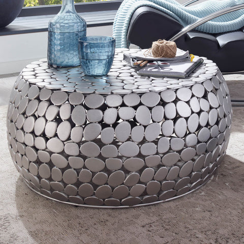 Rootz Silver Metal Coffee Table - Round Aluminum Design - Modern Small Living Room Table - 66x66x32 cm