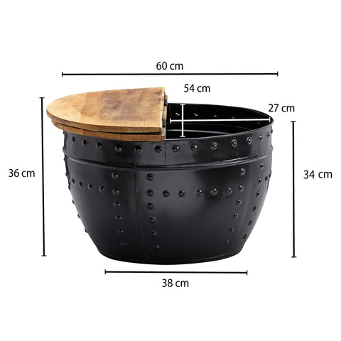 Rootz Industrieller runder Couchtisch – Mangoholz und Metall – Schwarz – Design-Wohnzimmertisch mit Stauraum – Moderner Lounge-Sofatisch – 60 x 36 x 60 cm 