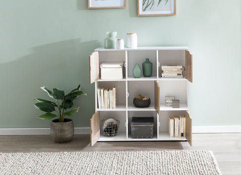 Rootz Bookcase - Sonoma - 9-Compartments - Modern Cube Shelf with Doors - Room Divider and Storage - Living Room Shelf - 89x91x29cm