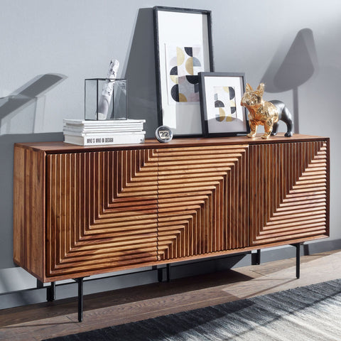 Rootz Sideboard - Modern Metal Sideboard with Three Doors - Living Room Dresser Cabinet - Solid Sheesham Wood - 148x72x40 cm