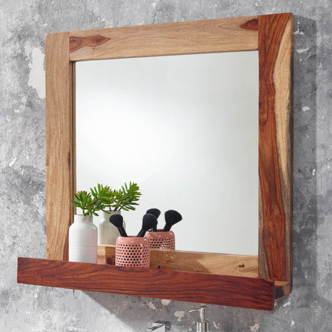 Rootz Bathroom Mirror - Wall-Mounted Design Mirror with Shelf - Modern and Stylish Bathroom Decor - Solid Sheesham Wood - 70x68x17 cm