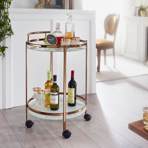 Rootz Serving Trolley - Gold - Round 50cm - 2 Levels with Brake - Side Table on Castors with Glass Top - Dining Car - Kitchen and Tea Trolley
