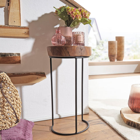 Rootz Side Table - Solid Wood Sheesham - Metal Legs - Country House Style - Tree Trunk Shape - Natural and Real Wood