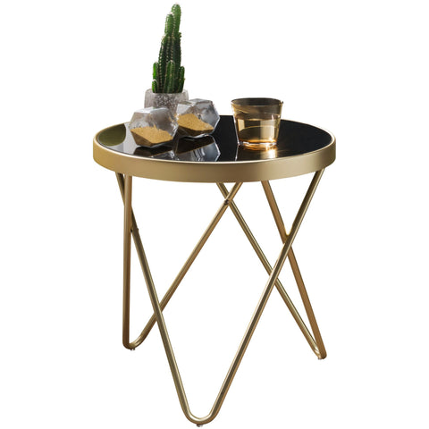 Rootz Side Table - Designer Glass - Round Black-Matt Gold - Metal Frame - Small Coffee Table
