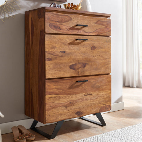 Rootz Chest of Drawers - Metal Hall Chest of Drawers - Highboard Sideboard with Tree Edge - Modern Wood Dresser Cabinet - Standing Cupboard - Solid Sheesham Wood - 80x120x41.5 cm