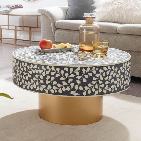 Rootz Coffee Table - Gold Metal Base - Modern Design - Round Living Room Side Table - Gray Synthetic Resin Small Coffee Table - 60x60x35 cm