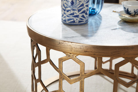 Rootz Couchtisch – Goldmetall-Design – runder Wohnzimmertisch – moderner kleiner Couchtisch – Beistelltisch für Wohnzimmer – weißer Marmor – 60 x 60 x 36 cm