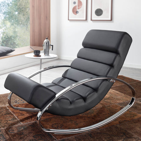 Rootz Entspannungsliege – Design-Sessel mit Armlehnen – moderner TV-Schaukelstuhl – schwarzes Kunstleder – 61 x 81 x 111 cm