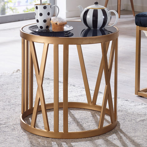 Rootz Beistelltisch – Glasplatte – runder kleiner Couchtisch – moderner Wohnzimmer-Akzent – ​​goldenes Metall – 45 x 45 x 44 cm 