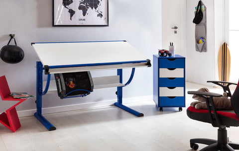 Rootz Holzschreibtisch – Blau-Weiß – Neigbarer Schreibtisch für junge Studenten – Design Kinder – Höhenverstellbarer Kinderschreibtisch – 120 x 60 cm 