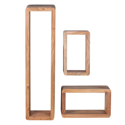 Rootz Wall Shelves - Set of 3 Wooden - Acacia - Country Style - Rustic Design - Square Hanging Shelves - Real Wood - Wall Shelves - Hanging Dice - Shelf Wall Boxes