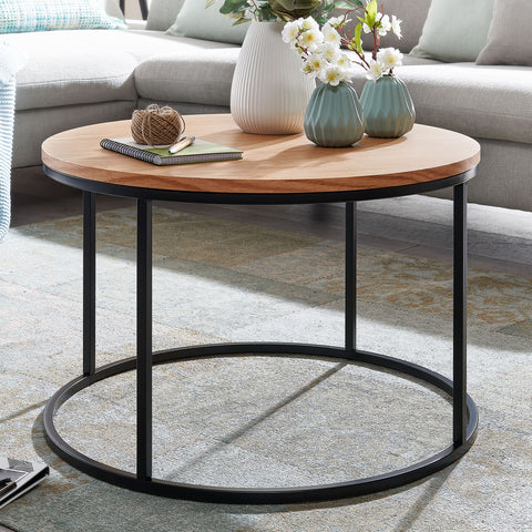 Rootz Couchtisch – Wohnzimmertisch aus Holz und Metall – Eichenholz-Design – moderner runder Wohnzimmertisch – Couchtisch aus Holz – 70 x 70 x 45 cm 