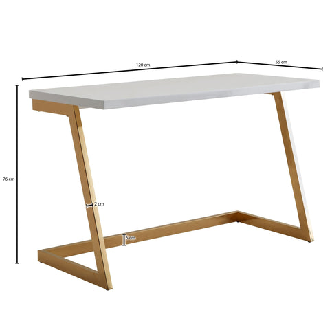 Rootz Computerbureau - Gouden PC-tafel met metalen poten - Modern design computerbureau - Thuiskantoorwerkstation - Hoogglans wit bureau - 120x55x76 cm 