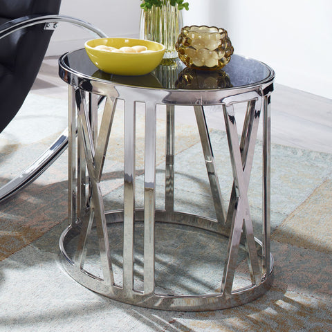 Rootz Side Table - Glass Top - Round Small Coffee Table - Modern Living Room Accent - Silver Metal - 45x45x44 cm