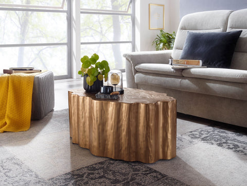 Rootz Tree Trunk Coffee Table - Modern Design - Large Living Room Table - Gold Metal - 80x45x35 cm