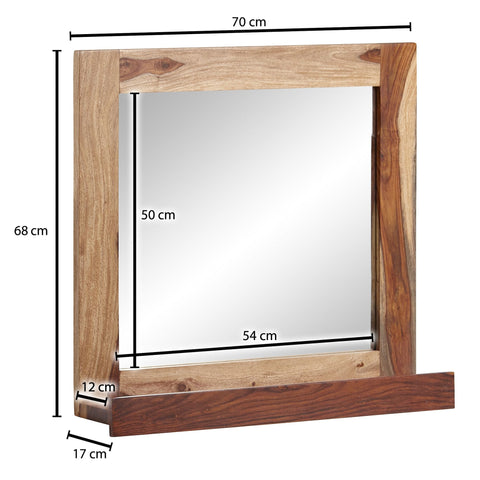Rootz Bathroom Mirror - Wall-Mounted Design Mirror with Shelf - Modern and Stylish Bathroom Decor - Solid Sheesham Wood - 70x68x17 cm