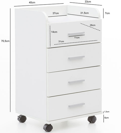 Rootz Roll Container - Contemporary Office Container - 4 Drawers with Castors - White