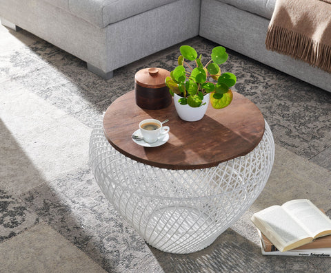 Rootz Coffee Table with Storage Space - Design Living Room Table, Modern Wicker Table - Sofa Table with Wire Basket - White Round - Mango Solid Wood-Metal - 60x60x45cm