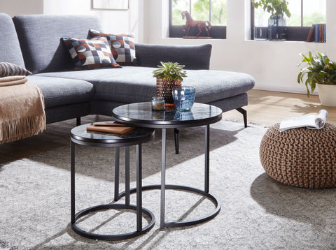 Rootz Round Side Tables - Set of 2 Black Marble Look - Metal Frame Coffee Table - Modern Nesting Tables for Small Living Room