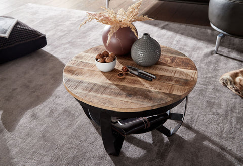 Rootz Industrieller runder Couchtisch – Mango-Massivholz und Metall – Schwarz – Massiver Wohnzimmertisch – Kleiner Couchtisch – 60 x 34 x 60 cm 