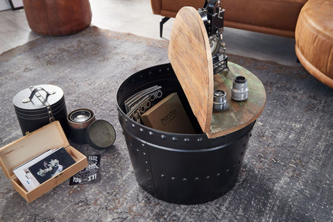 Rootz Industrieller runder Couchtisch – Mangoholz und Metall – Schwarz – Design-Wohnzimmertisch mit Stauraum – Moderner Loungetisch – 60 x 40 x 60 cm