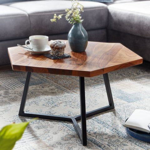 Rootz Couchtisch – Moderner Couchtisch aus Metall – Sechseckiger Design-Couchtisch – Kleiner massiver Wohnzimmer-Beistelltisch – Massives Sheesham-Holz – 60 x 60 x 35 cm 