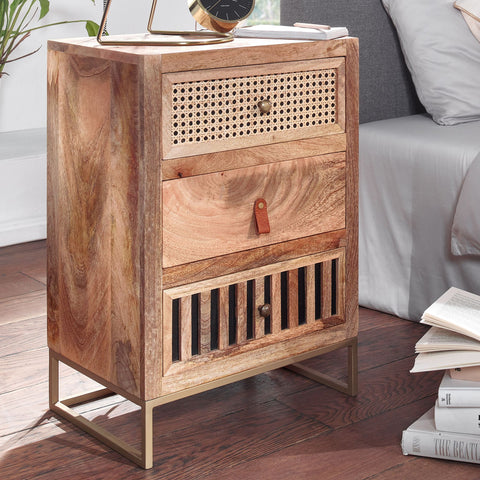 Rootz Nachttisch – Metallrahmen – Design mit 3 Schubladen – Stauraum – Nachttisch – Mangoholz – 40 x 60 x 30 cm