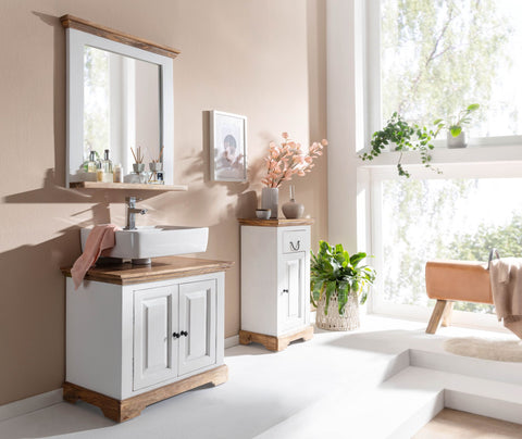Rootz Bathroom Cabinet - Compact Standing Cabinet with Drawer and Door - Ideal for Narrow Spaces - White Mango Wood - 47x80x32 cm